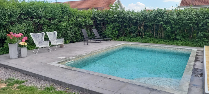 Präglad markbetong och tralldäck runt pool 